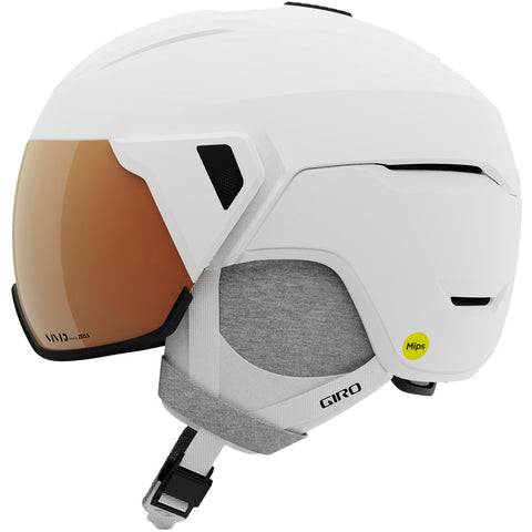 Giro Aria Spherical Visor Helmet in matte white featuring spherical mips protection, magnetic buckle, active ventilation, dial fit system.