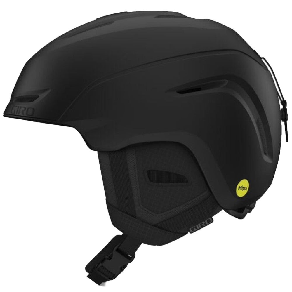 Side view of Giro Neo asian fit helmet in black, featuring active ventilation, mips and a dial-fit system