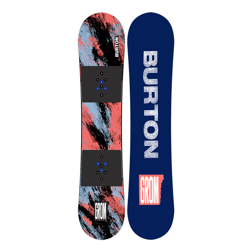 Two views of a Burton snowboard with colorful design and branding.