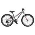 Silver GT Stomper Prime kids mountain bike with pink and blue accents and Kenda tires, side profile view.