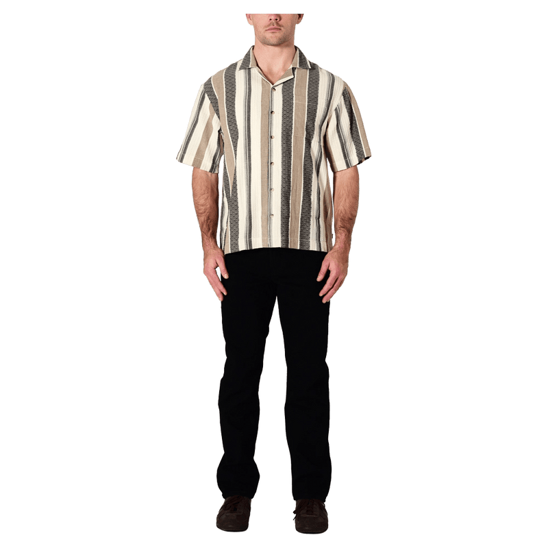 Front view of man in the Rollas Headway Bowler in colour Beige Stripe