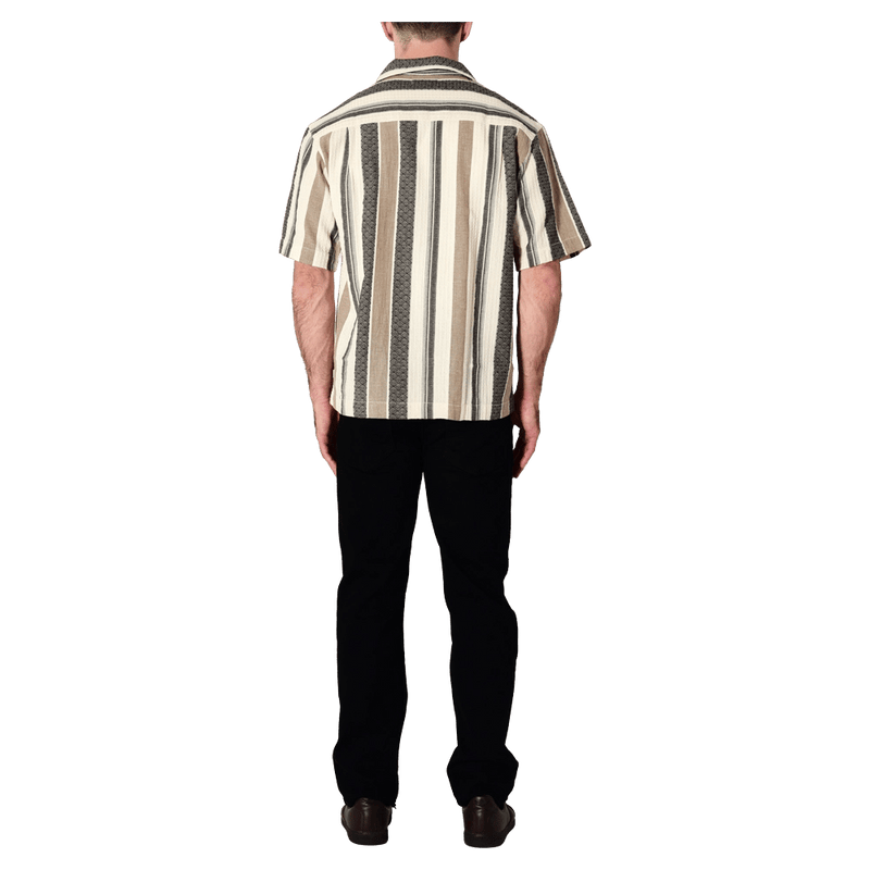 Back view of man in the Rollas Headway Bowler in colour Beige Stripe