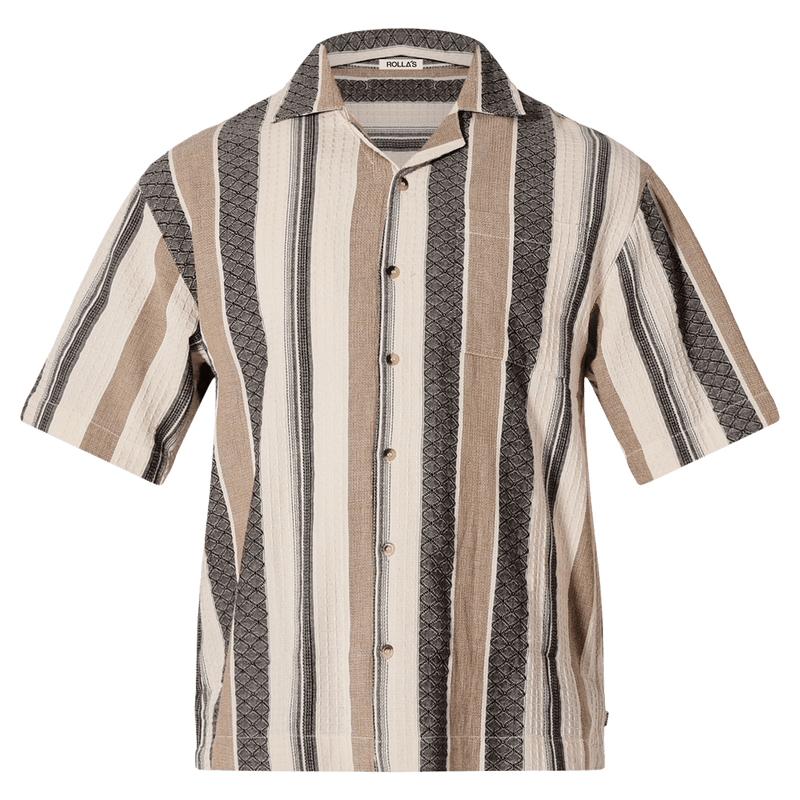 Front view of man in the Rollas Headway Bowler in colour Beige Stripe