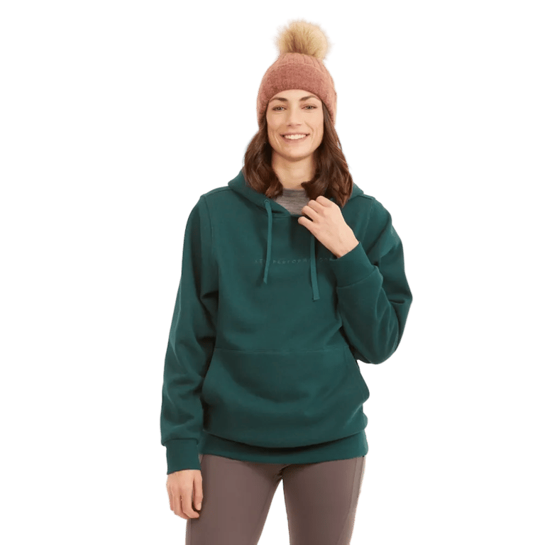 Front view of the XTM Hyams Hoodie in Pine colourway, unisex's model