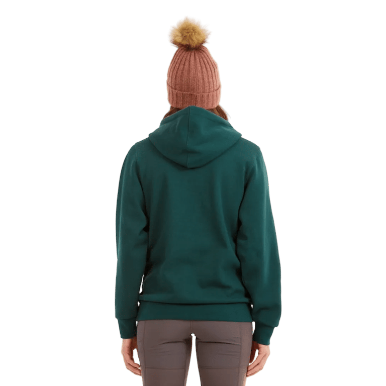 Back view of the XTM Hyams Hoodie in Pine colourway, unisex's model