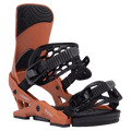 Jones Equinox women's snowboard bindings in burnt orange and black with honeycomb straps and textured highback.