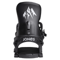 Rear view of black Jones Equinox women's snowboard bindings featuring a white mountain logo and forward lean adjuster.