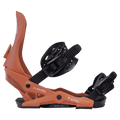 Jones Equinox women's snowboard binding in burnt orange with black straps and Skate Tech baseplate, side view.