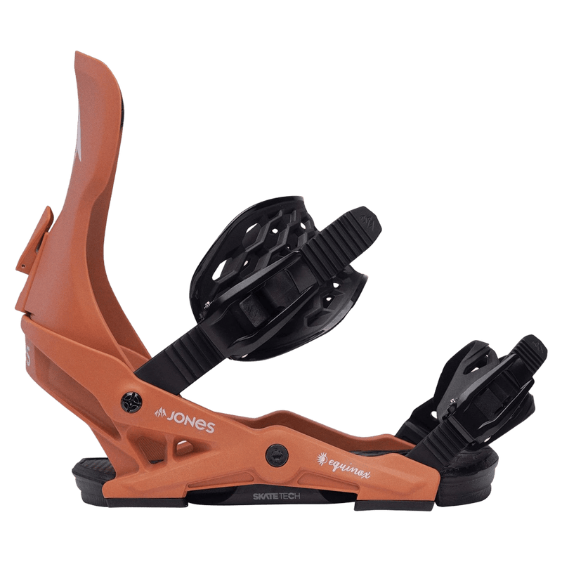 Jones Equinox women's snowboard binding in burnt orange with black straps and Skate Tech baseplate, side view.