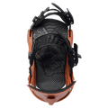Jones Equinox women's snowboard binding in orange and black with mountain-patterned footbed, top-down view.