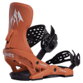 Burnt orange Jones Equinox women's snowboard binding with black straps and highback, side profile on black background.