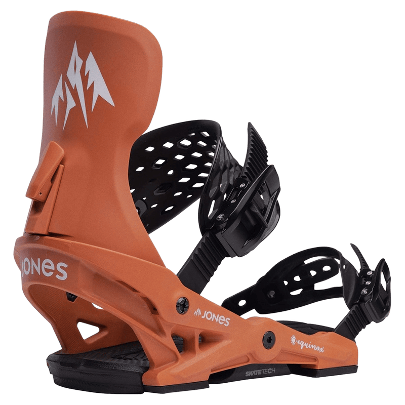Burnt orange Jones Equinox women's snowboard binding with black straps and highback, side profile on black background.