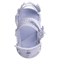 Top-down view of white Jones Equinox women's snowboard bindings with honeycomb straps and a textured footbed.