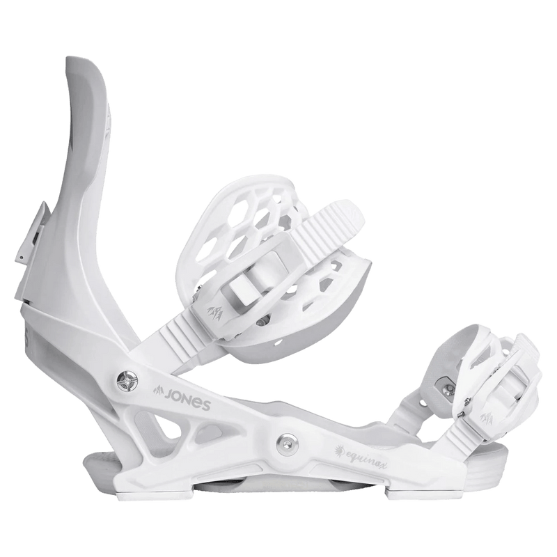 White Jones Equinox women's snowboard binding side view with honeycomb ankle strap and highback on black background.