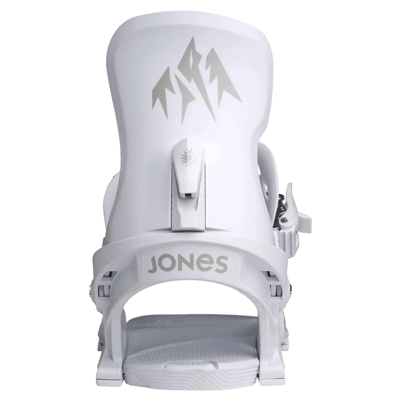 Rear view of white Jones Equinox women's snowboard bindings showing highback with mountain logo and Jones heelcup.