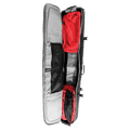 Open Jones Expedition Snowboard Bag showing silver interior lining, red storage bags, and black mesh pocket.