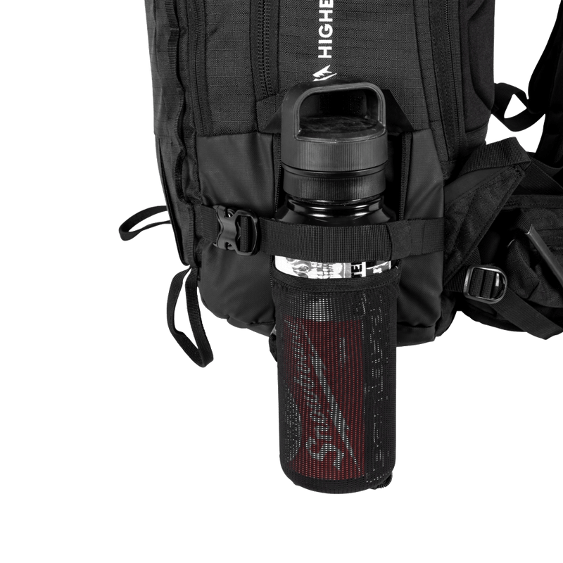 Jones Higher 32L Backpack close up of side with waterbottle