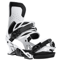 White Jones Orion snowboard bindings with black straps and highback padding, side view on black background.