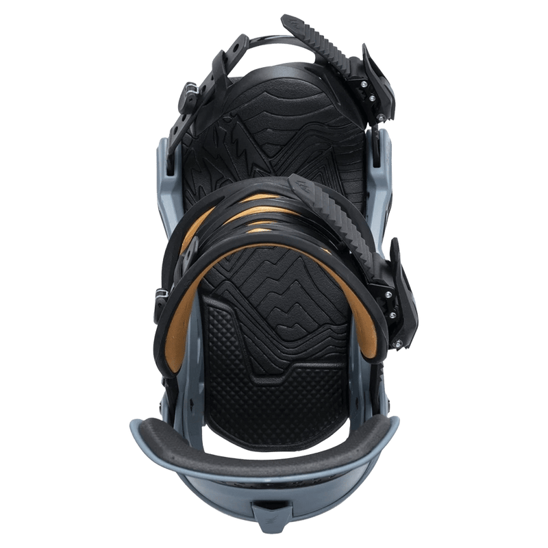Top-down view of grey Jones Orion snowboard bindings featuring black textured footbeds and tan-lined ankle straps.