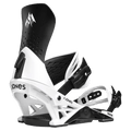 White and black Jones Orion snowboard bindings with a black highback, white frame, and adjustable straps, side profile.