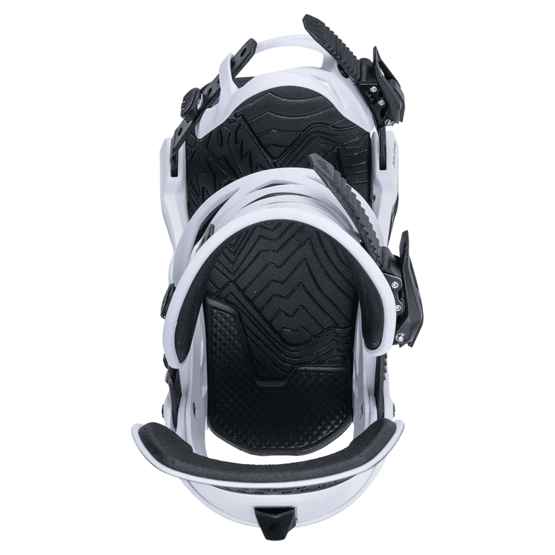 Top-down view of white Jones Orion snowboard bindings with black textured footbeds and black buckles.