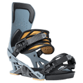 Slate blue Jones Orion snowboard binding with black and gold straps and highback, side view.