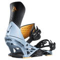 Light blue and black Jones Orion snowboard bindings with orange accents, featuring a highback and adjustable straps.