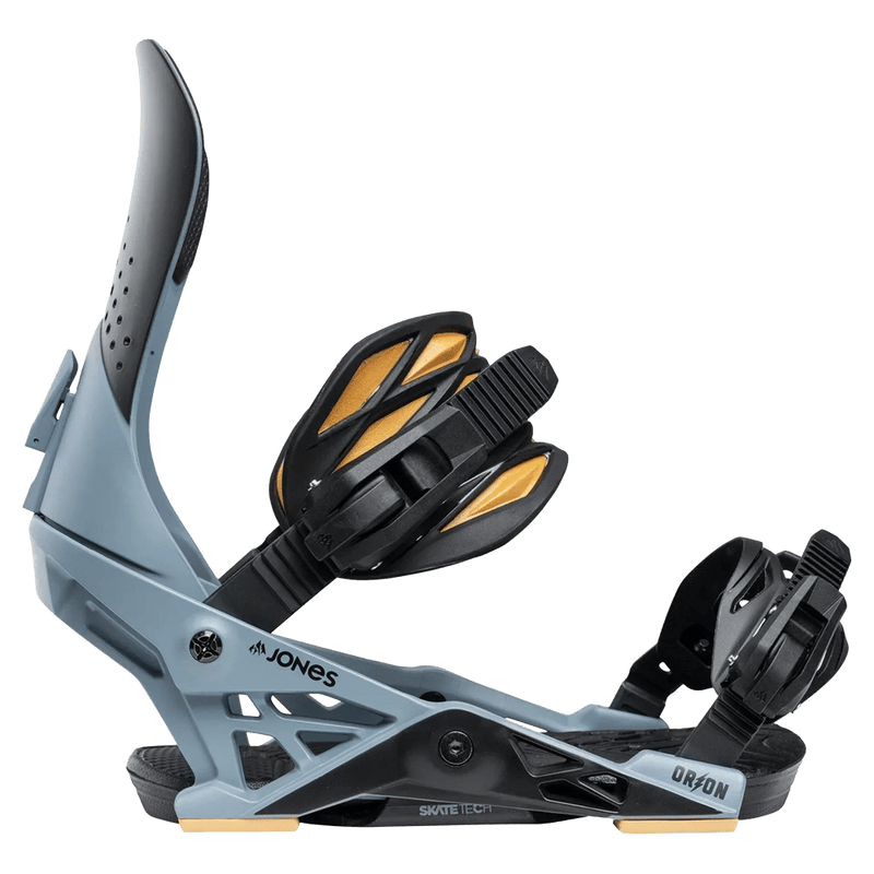 Side profile of slate blue Jones Orion snowboard binding with black straps, gold accents, and Skate Tech baseplate.
