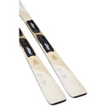 K2 Blur 76 women's skis with black bindings, cream and tan geometric graphics, shown at a diagonal angle.