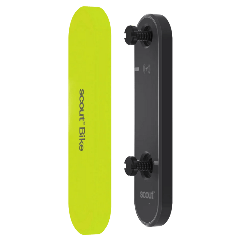 Black Knog Scout Bike Alarm and Finder device with mounting screws and a neon yellow silicone protective cover.
