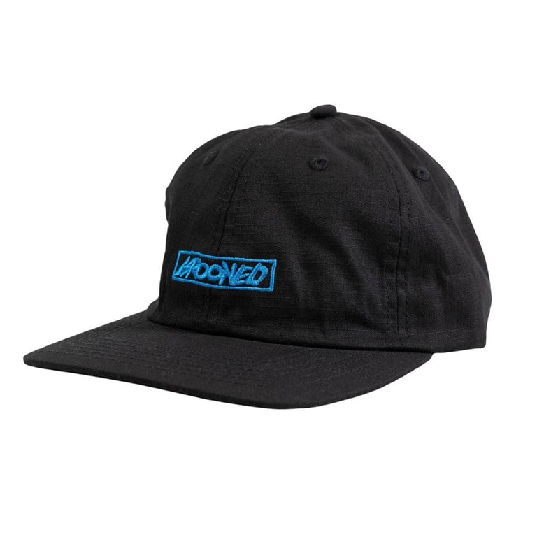 Three-quarter view of a black ripstop Krooked adjustable cap with blue embroidered script logo and flat brim.