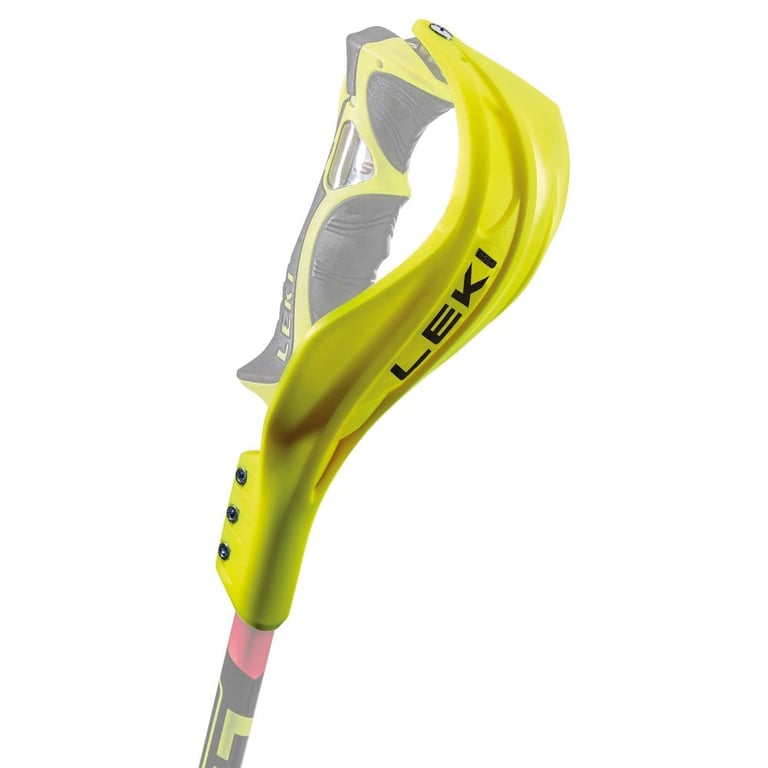 A single leki guard guard world cup closed in yellow shown on ski pole handle. with Black Leki writing.
