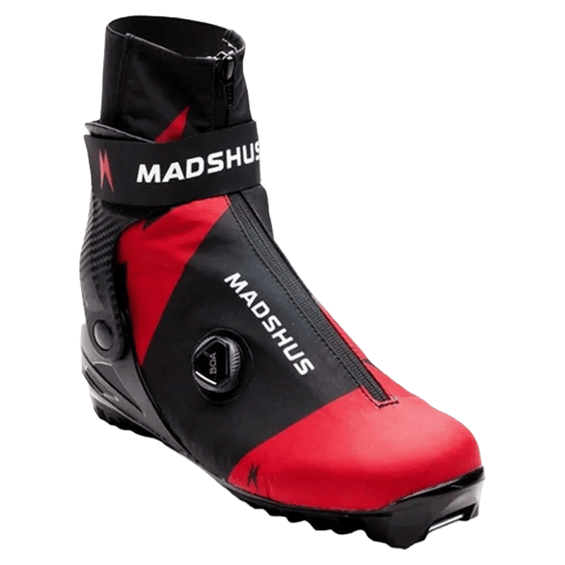 Madshus Pulse Boa Skate Boot in red and black with BOA dial, zippered cover, and supportive ankle strap.
