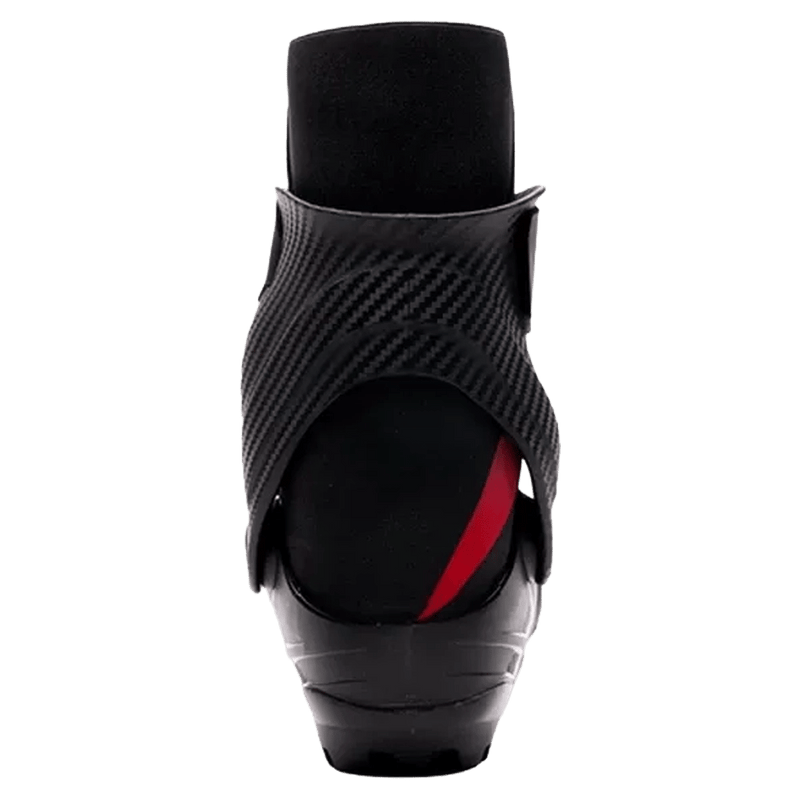 Rear view of black Madshus Pulse Boa Skate Boot featuring a carbon fiber heel cuff and red accent.