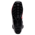 Bottom view of the black textured outsole and metal binding bar on a Madshus Pulse Boa Skate Boot with red accents.