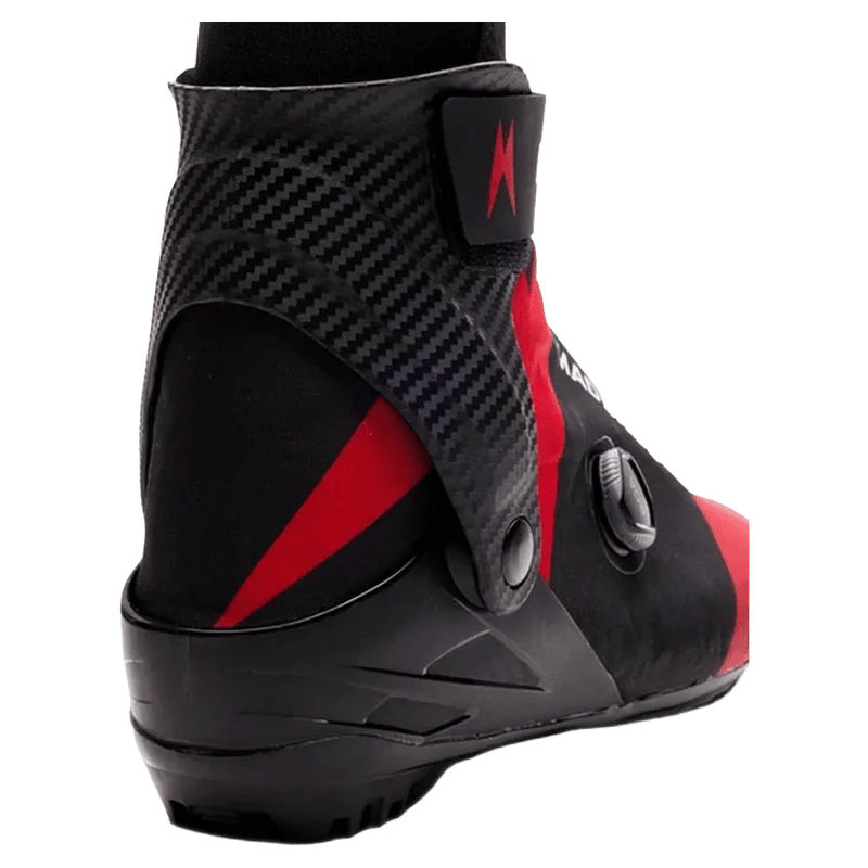 Madshus Pulse Boa Skate Boot with carbon fiber ankle cuff, red and black upper, and side-mounted Boa dial.