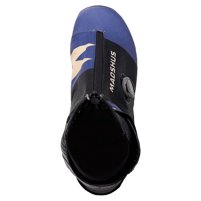 Top view of a blue and black Madshus Pulse Boa women's skate boot with a central zipper and side BOA closure system.