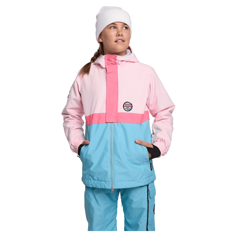 Front view of girl wearing Rojo Mini Me Jo Ski Jacket - Kids in colour pink-a-boo