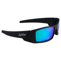 Matte black Modest Lago wrap-around sunglasses with blue and green mirrored lenses and white script logo on the temple.