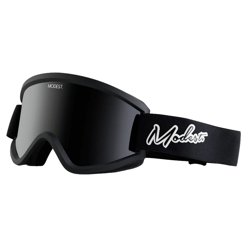 Matte black Modest Team XL snow goggles with a dark lens and black strap featuring white script branding.