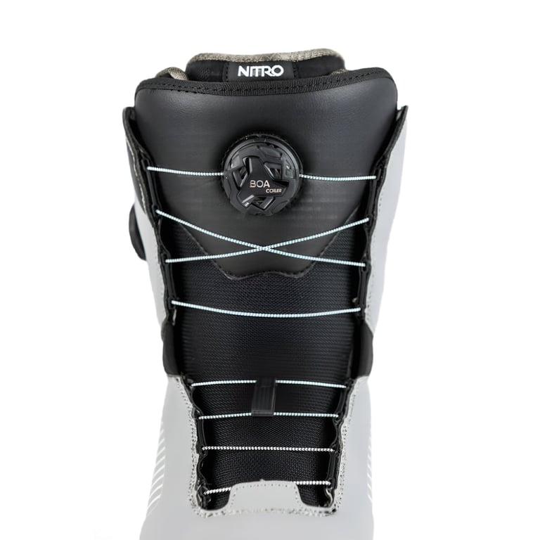 Nitro Club Boa snowboard boot front view with black tongue, grey shell, and Boa lacing system with light blue cables.