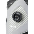 Close-up of the black BOA lacing system on a grey Nitro Club snowboard boot with white diagonal graphics.