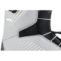 Close-up of a grey Nitro Club Boa snowboard boot with white stripes, black mesh tongue, and visible stitching.