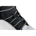 Close-up of Nitro Club Boa snowboard boot showing white lacing cables, black mesh tongue, and grey outer shell.
