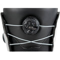 Close-up of the black Boa Coiler dial and silver wire lacing system on a Nitro Club Boa snowboard boot.