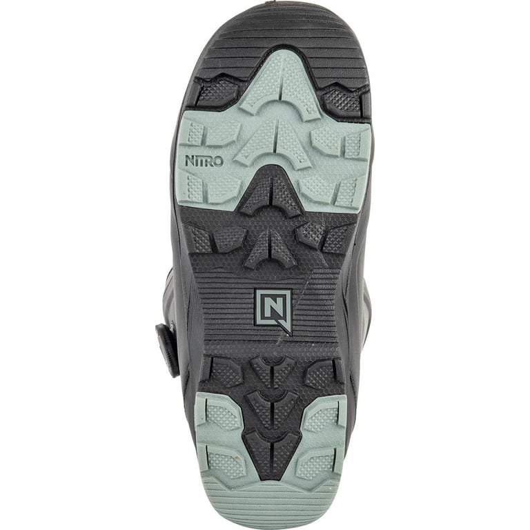 Nitro Club Boa snowboard boot outsole showing black and grey textured rubber tread with Nitro branding.