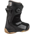 Nitro Skylab Boa snowboard boot in black with side dial and speckled Vibram sole, viewed from a rear three-quarter angle.