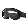 Oakley Airbrake MTB goggles with black frame, clear lens, and black strap featuring a grey logo and red side button.
