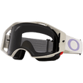 Oakley Airbrake MTB goggles in off-white with a dark grey lens and a white strap featuring a purple logo.