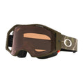 Oakley Airbrake MTB goggles in olive green with a bronze Prizm lens and camo patterned strap.